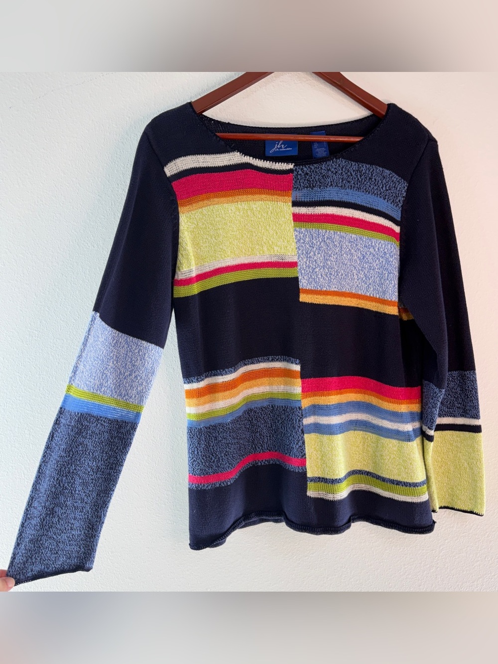 Vintage Y2K JH Collectibles Colorblocked Knit Sweater Boho Navy Multi Stripe L
